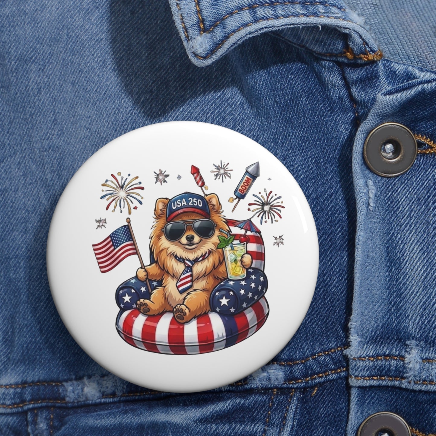 Button with a bear design on a denim jacket