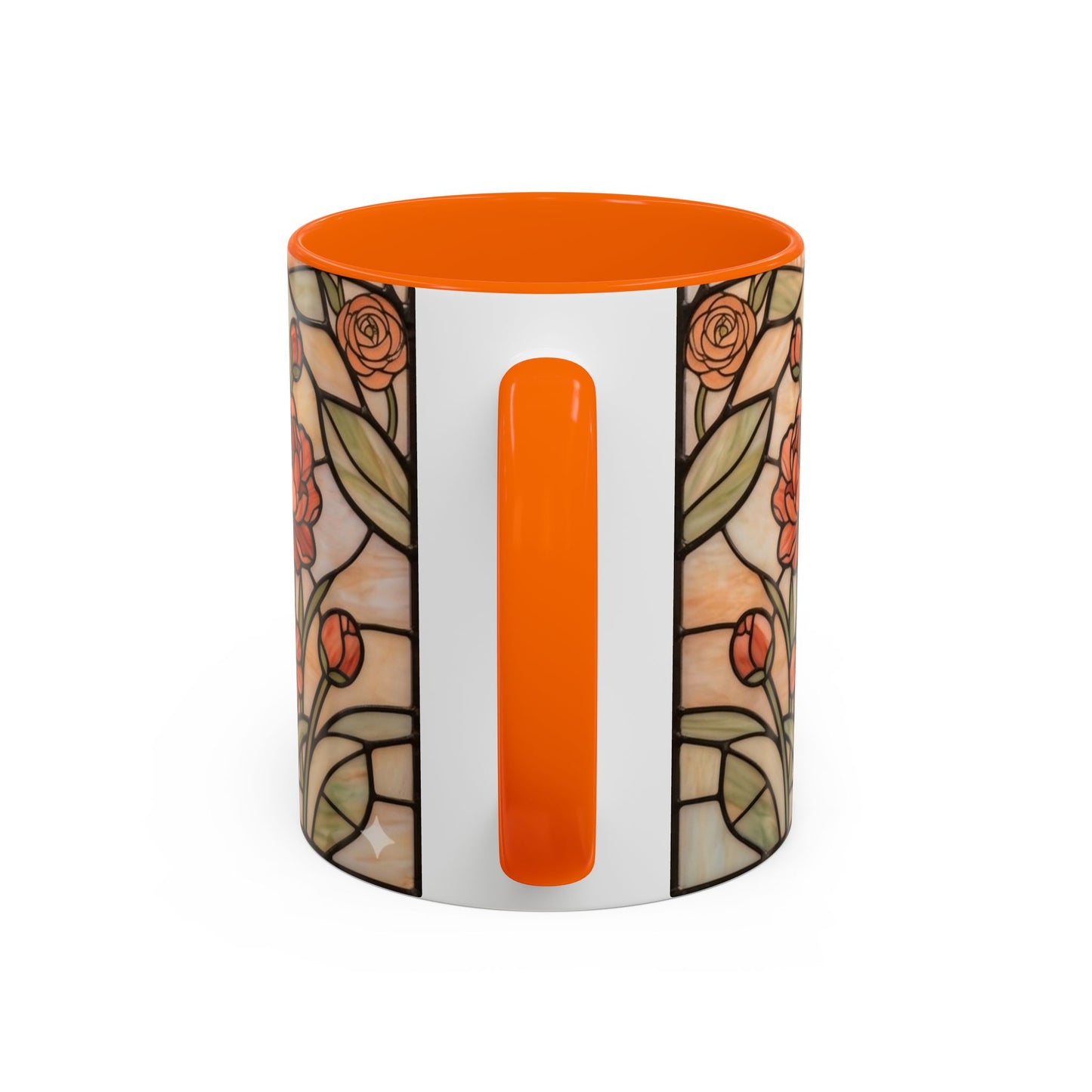 Mug with floral design and orange accents on a white background