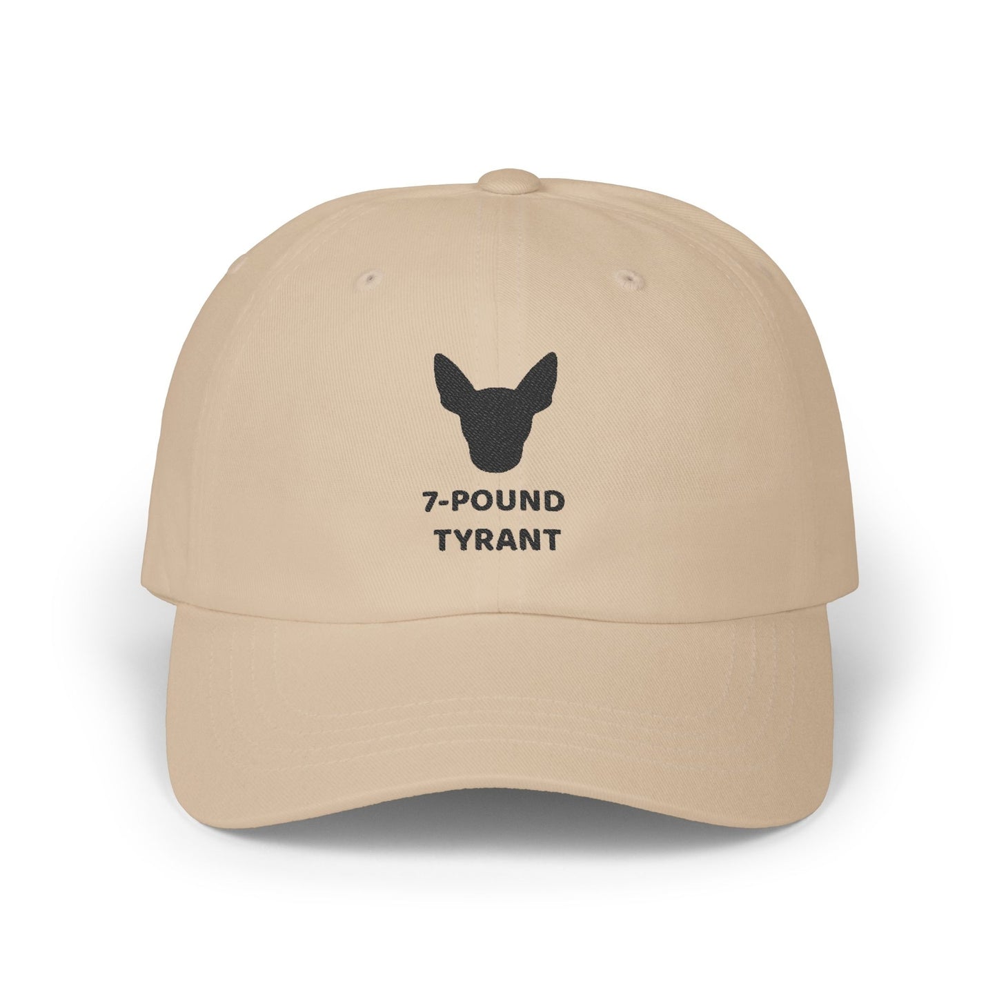 Beige "7-Pound Tyrant" Miniature Pinscher cap with black dog silhouette embroidery.