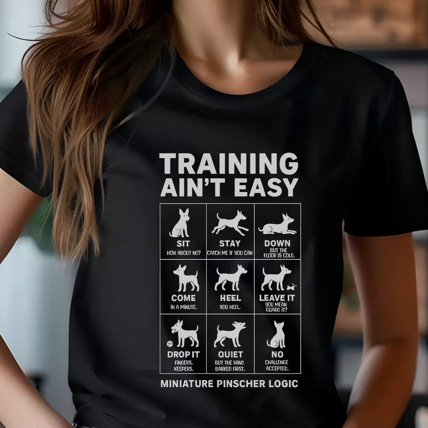 Black "Training Ain’t Easy" Miniature Pinscher unisex t-shirt with funny dog command graphics