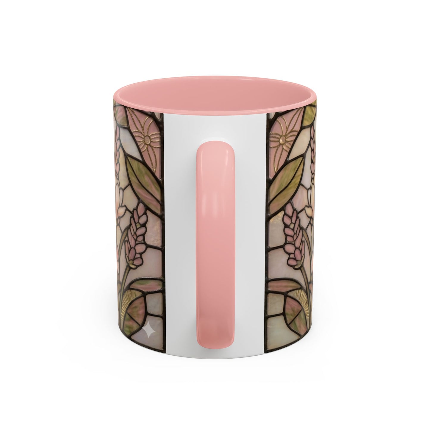 Mug with pink lid and floral pattern on a white background