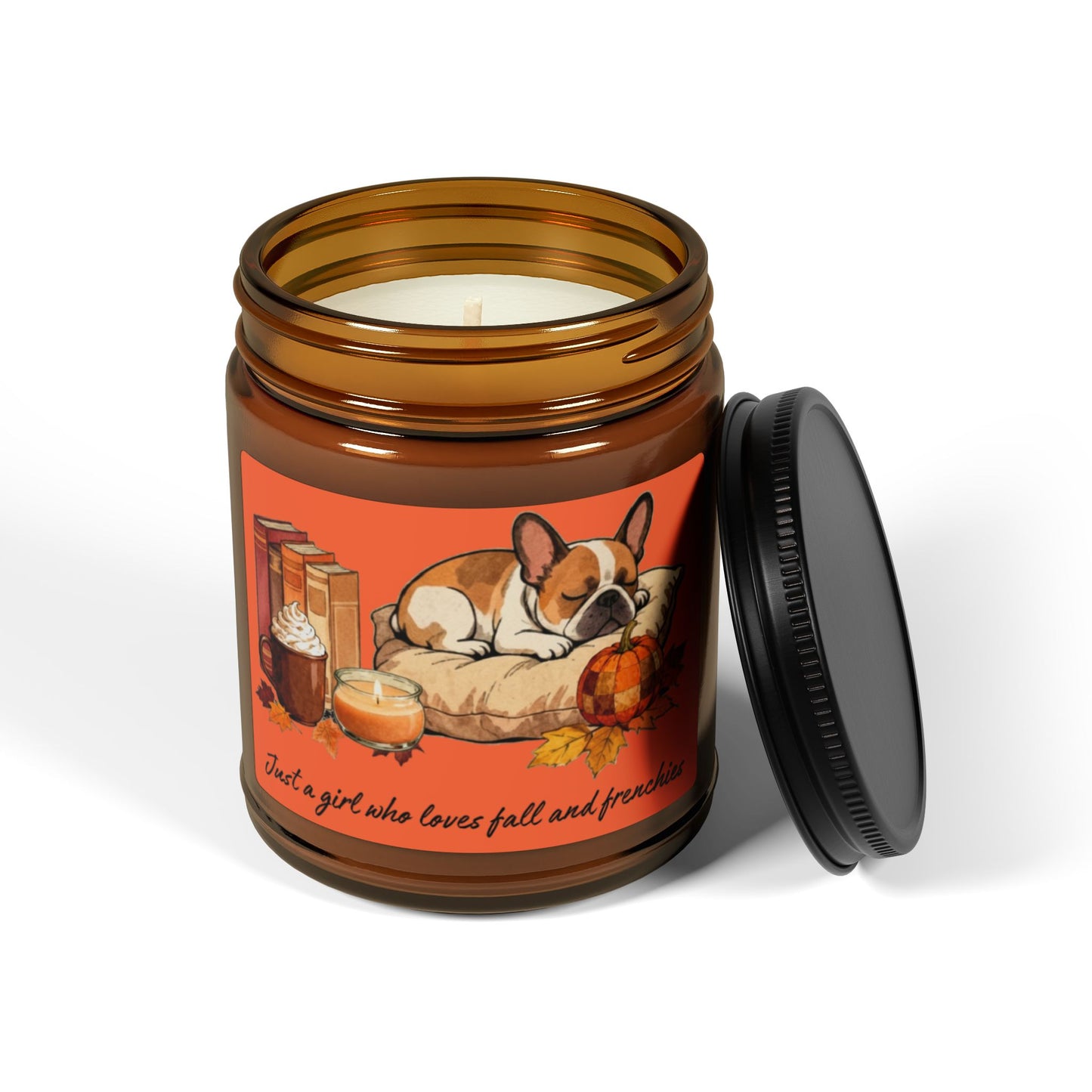 Candle in an amber jar with a dog-themed label on a white background