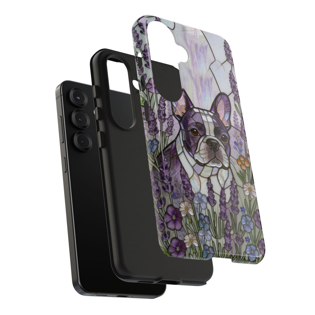 Frenchie Stained Glass Style Tough Case —Lavender Floral Theme