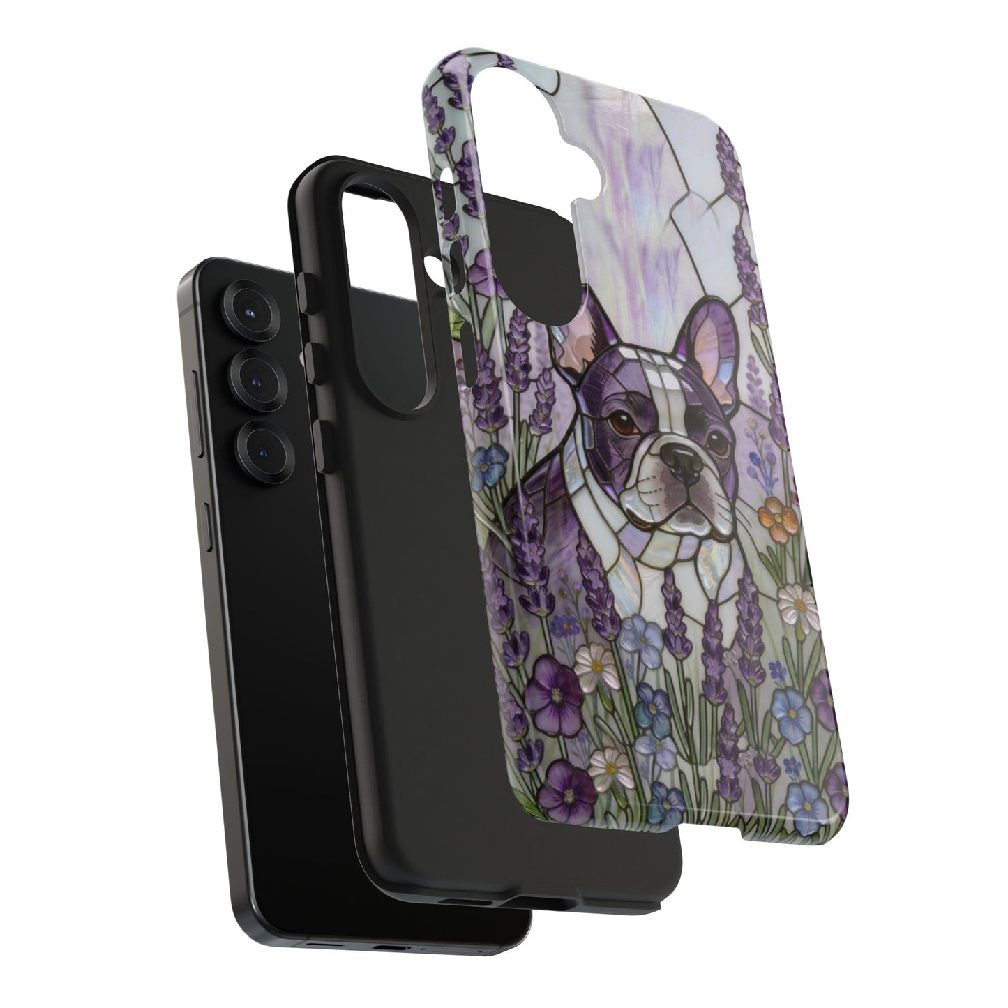 Frenchie Stained Glass Style Tough Case —Lavender Floral Theme