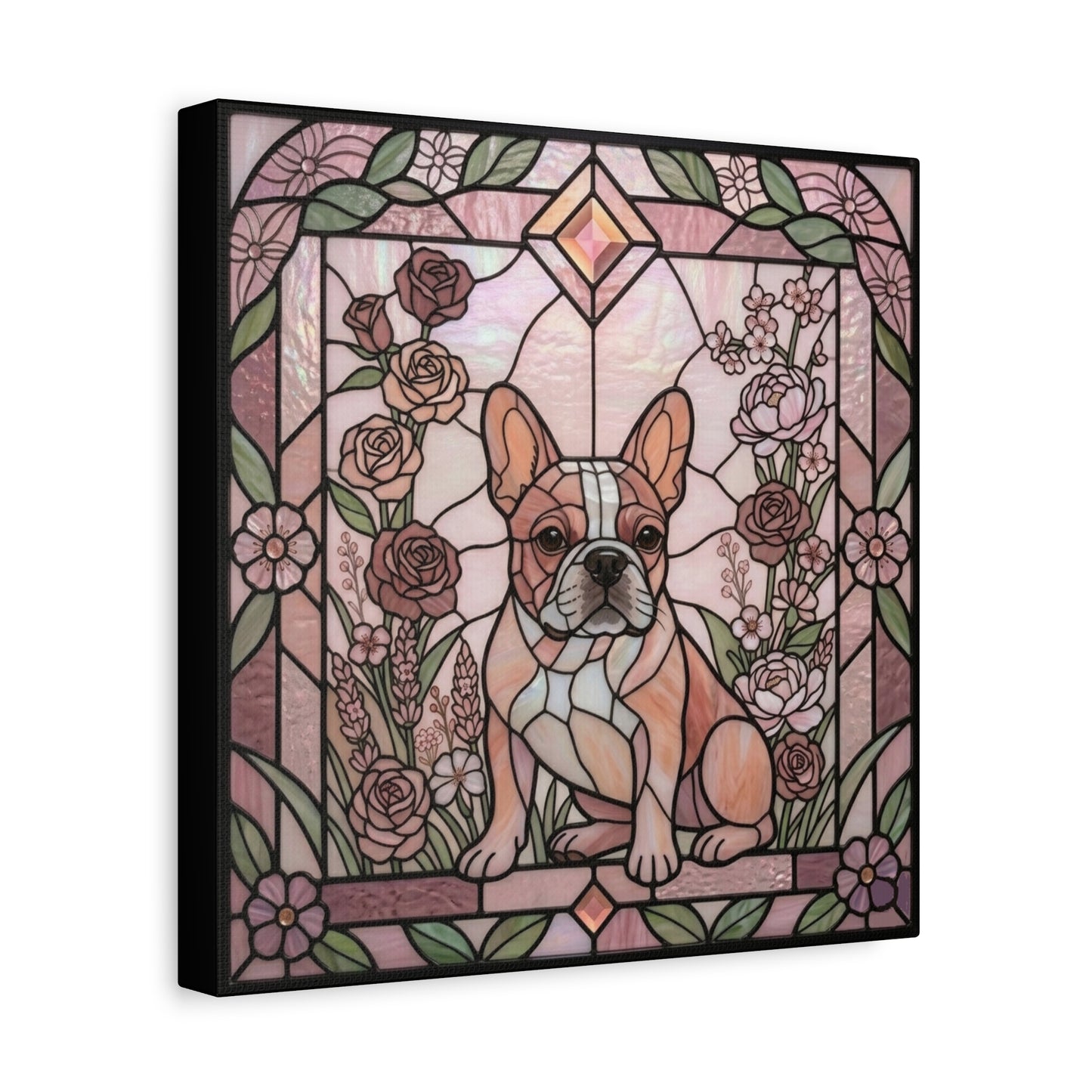 Canvas print of a dog's face framed in a stained glass style with flowers and leaves.