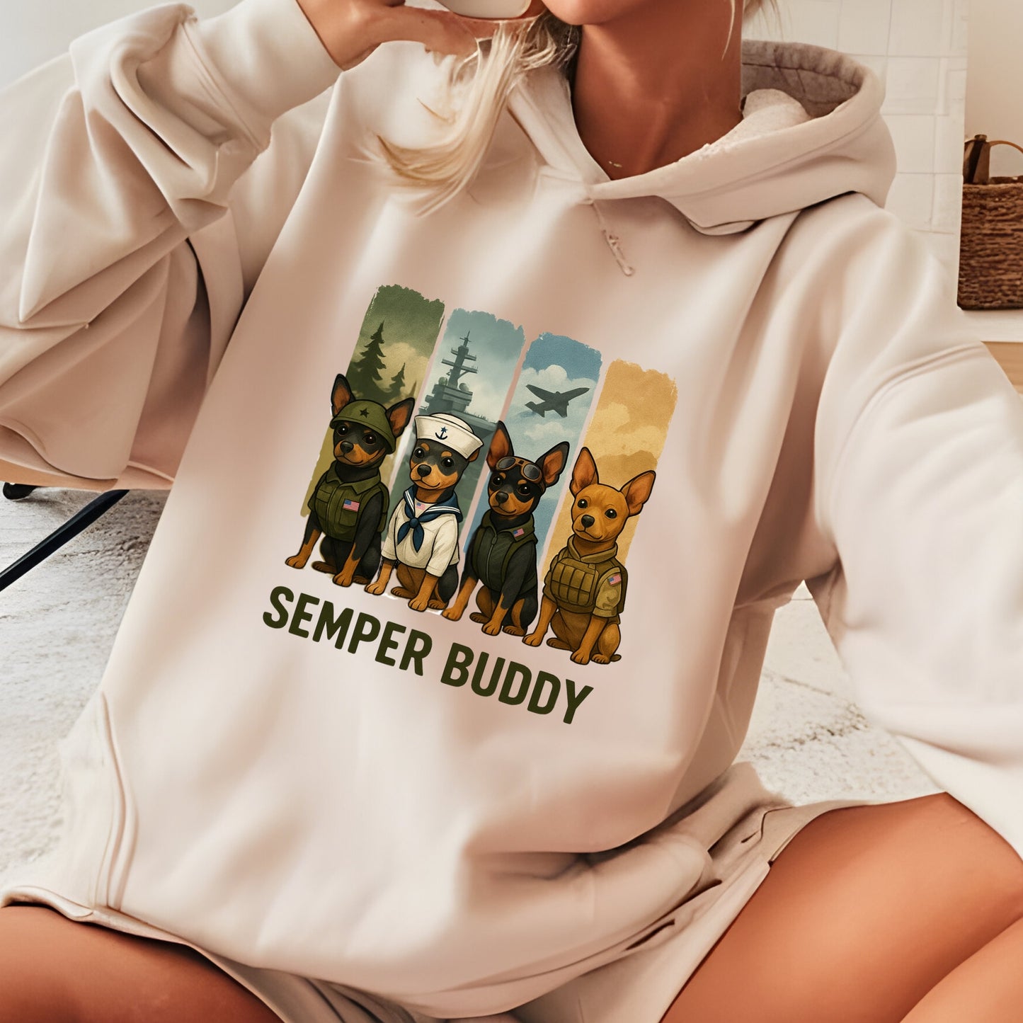Woman wearing a sand "Semper Buddy" Miniature Pinscher unisex Hoodie with patriotic military dog design