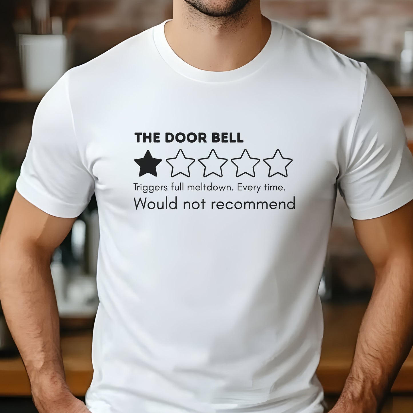 White t-shirt with “The Door Bell” text, 1-star review graphic, and “Would not recommend” meltdown humor design