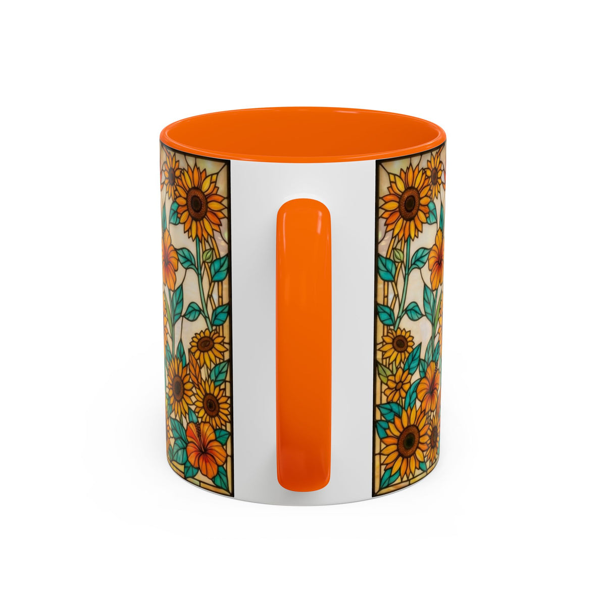 A ceramic mug featuring a retro sunflower pattern on the sides and a solid orange handle, with a bright orange interior and rim, set against a plain white background.