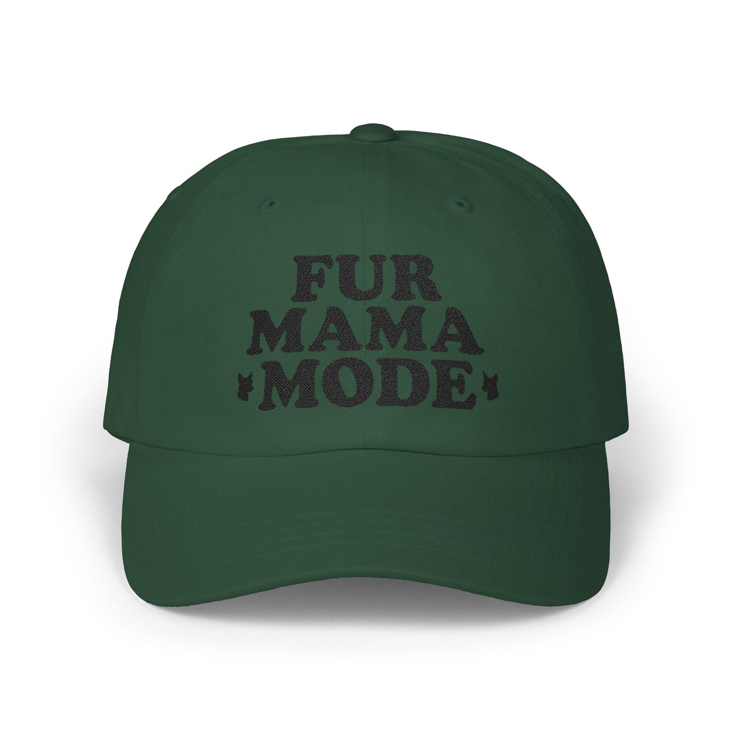 Spruce "Fur Mama Mode" Miniature Pinscher cap on a wooden table at the beach, perfect for dog moms and Min Pin lovers