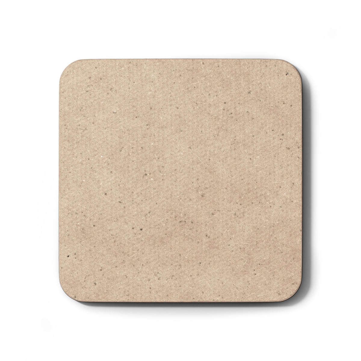 A square coaster with rounded corners, made from a natural, speckled tan wood or cork-like material, shown on a clean white background with a soft drop shadow.