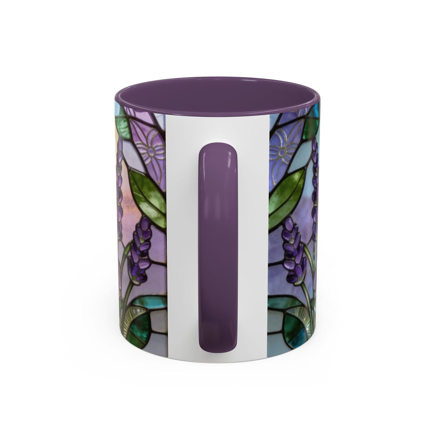 Mug with floral design and purple accents on a white background