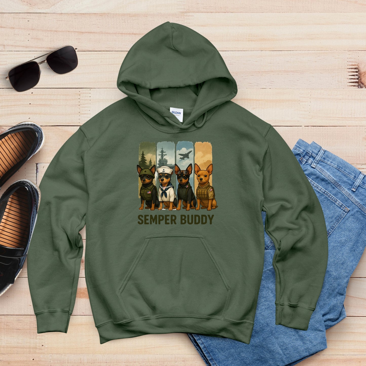 Flat lay of a spruce "Semper Buddy" Miniature Pinscher unisex Hoodie with patriotic military dog design