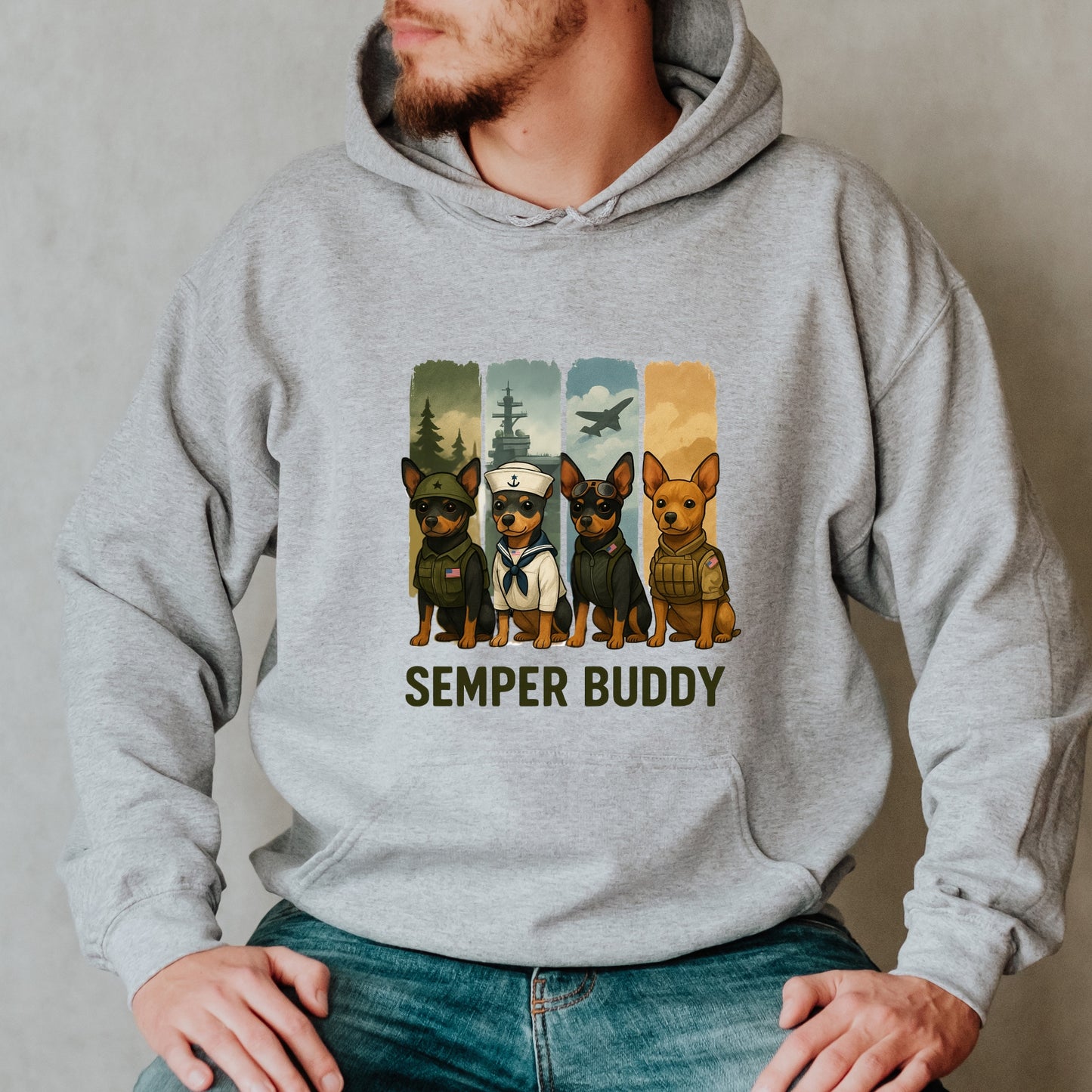 Man wearing a grey "Semper Buddy" Miniature Pinscher unisex Hoodie with patriotic military dog design