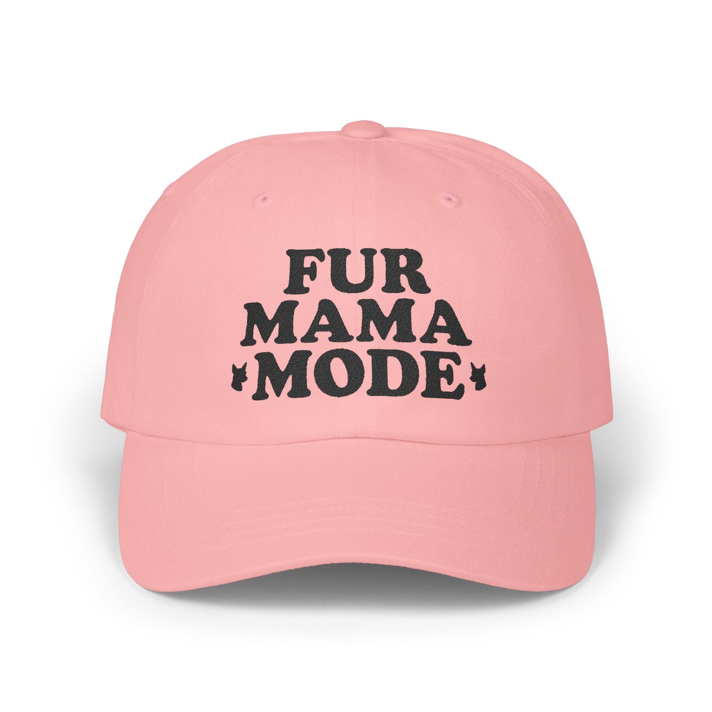 Pink "Fur Mama Mode" Miniature Pinscher cap on a wooden table at the beach, perfect for dog moms and Min Pin lovers