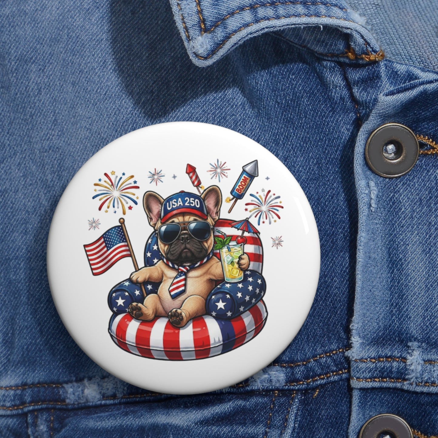 Button with a dog design featuring American flags and fireworks on a denim jacket.