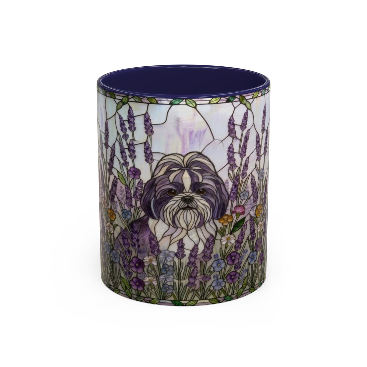 A ceramic mug featuring a printed illustration of a Shih Tzu dog surrounded by purple lavender flowers, with a solid dark blue interior and rim.