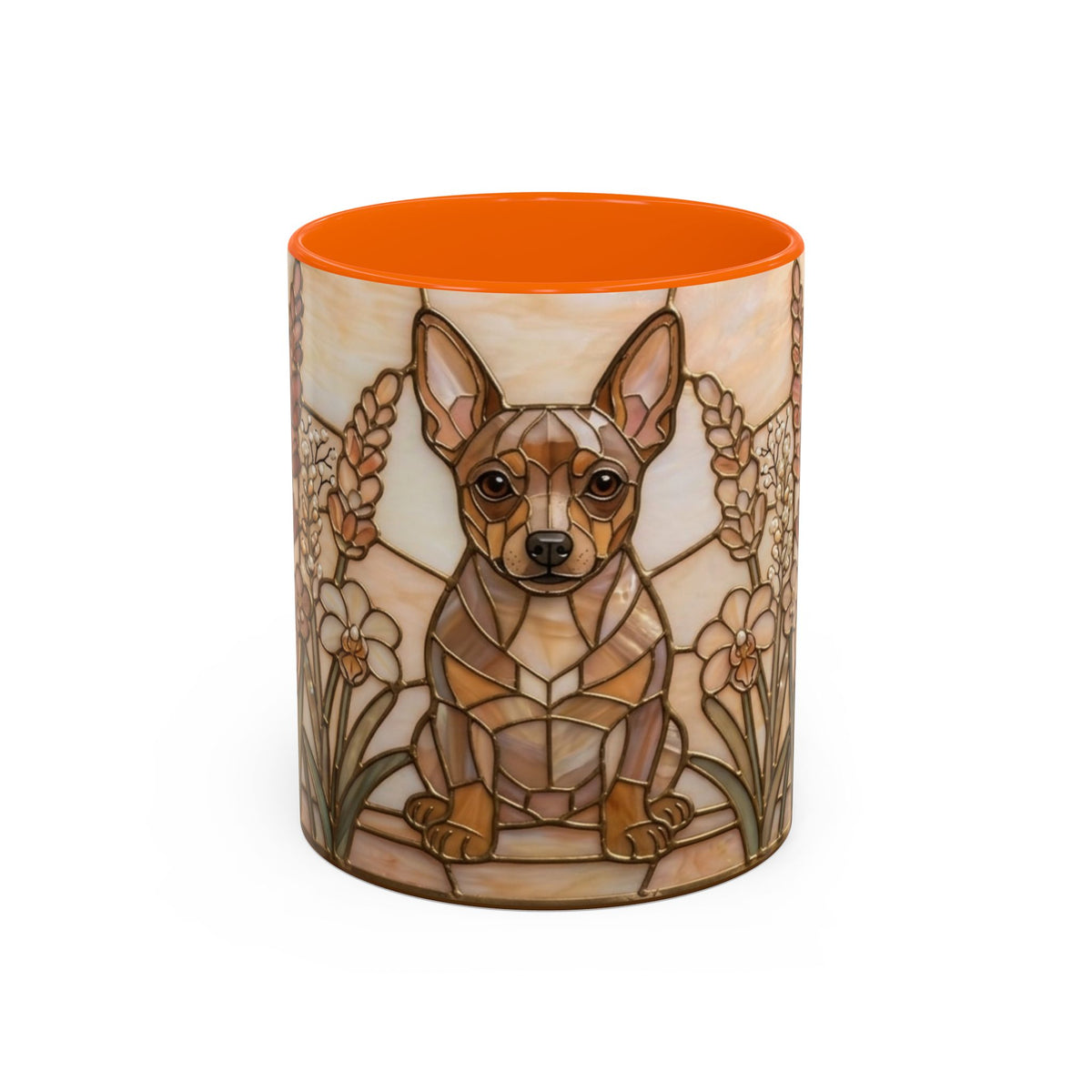 Decorative mug with a dog illustration and orange interior on a white background