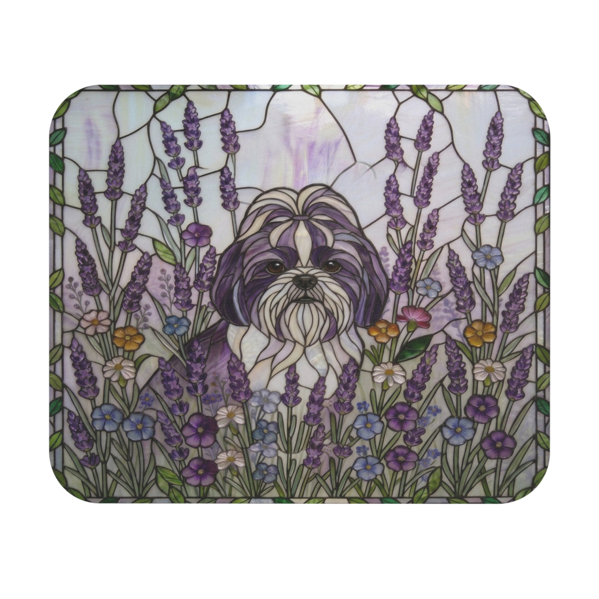 A square mouse pad with rounded corners featuring a stained-glass style illustration of a Shih Tzu dog surrounded by purple lavender and small flowers on a white background.