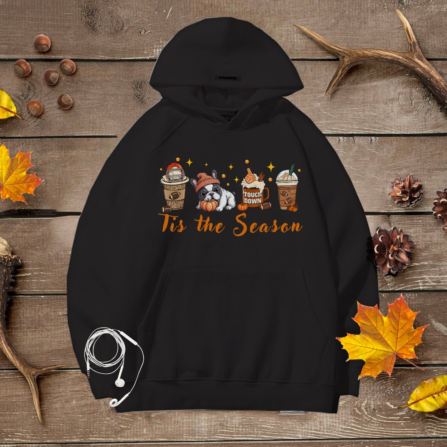 Cozy Unisex Premium Hoodie Tis the Season French Bulldog Fall Halloween Football Lover Sweatshirt