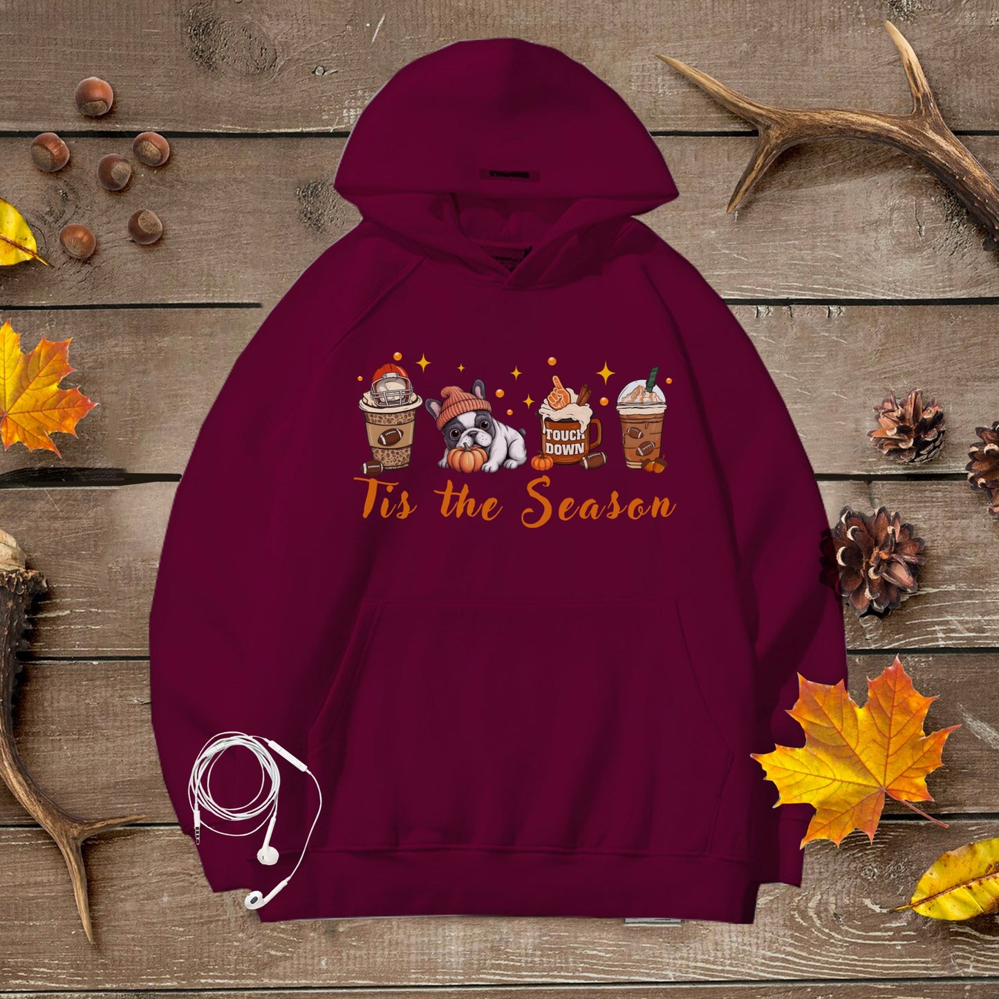 Cozy Unisex Premium Hoodie Tis the Season French Bulldog Fall Halloween Football Lover Sweatshirt