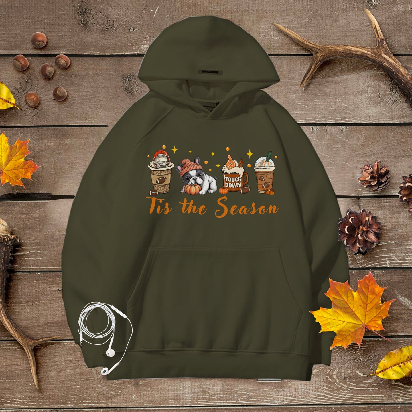 Cozy Unisex Premium Hoodie Tis the Season French Bulldog Fall Halloween Football Lover Sweatshirt