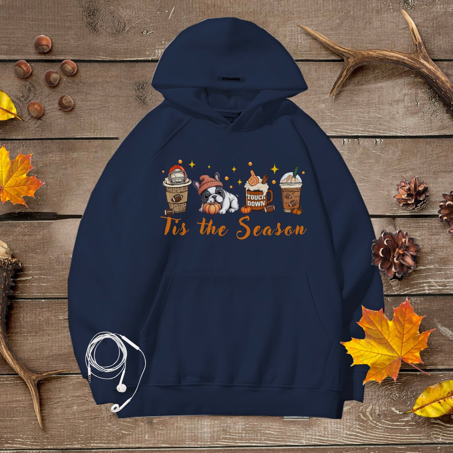 Cozy Unisex Premium Hoodie Tis the Season French Bulldog Fall Halloween Football Lover Sweatshirt