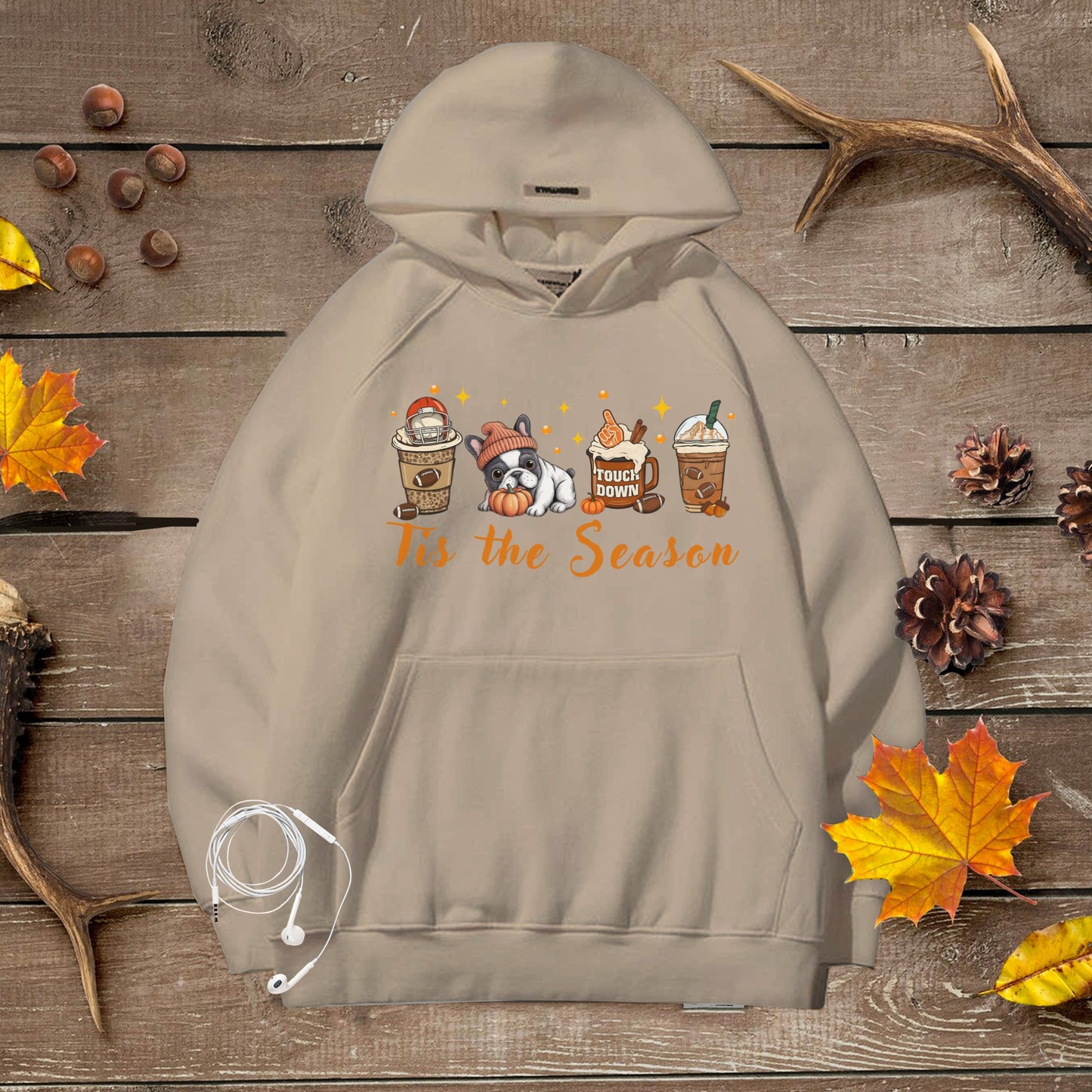 Cozy Unisex Premium Hoodie Tis the Season French Bulldog Fall Halloween Football Lover Sweatshirt