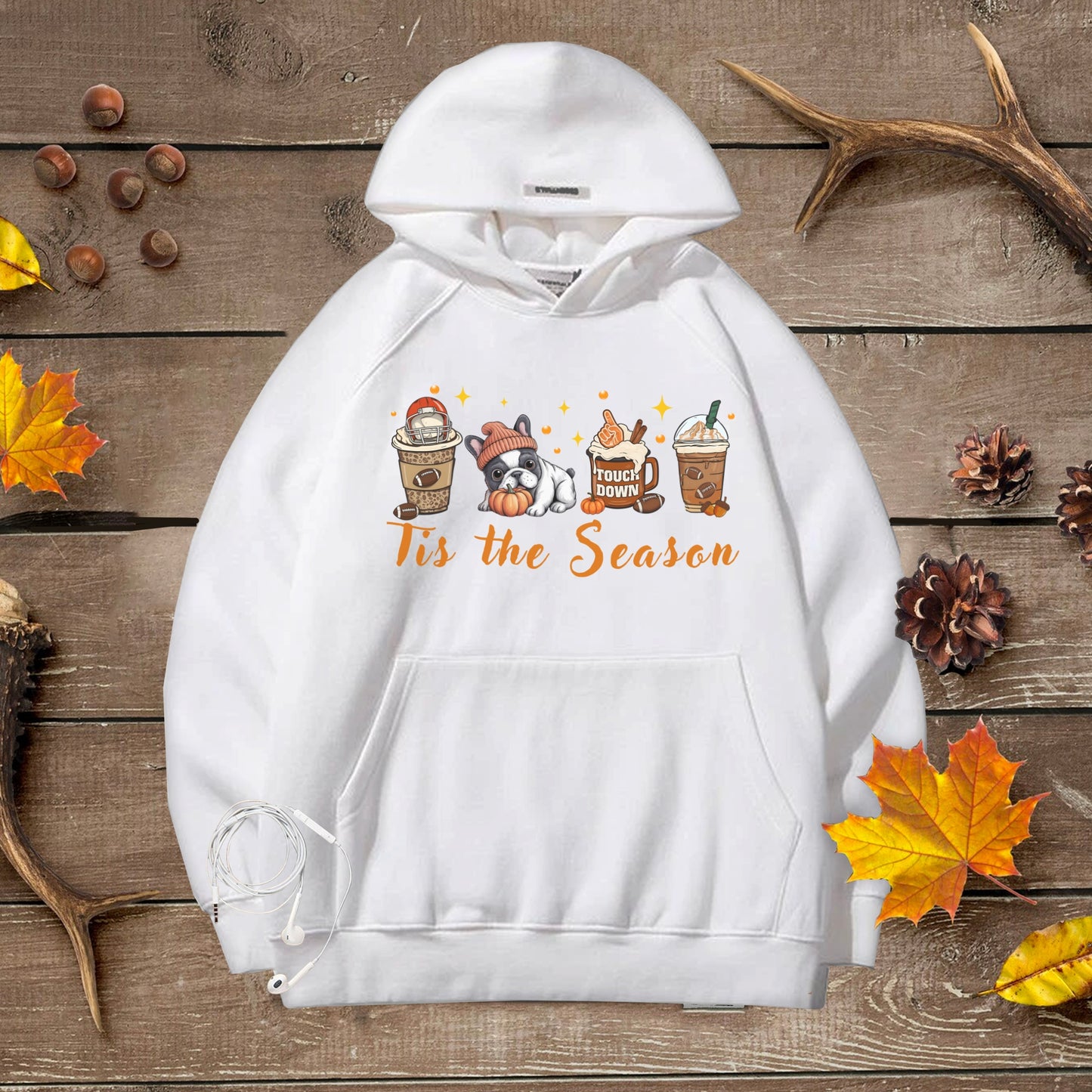 Cozy Unisex Premium Hoodie Tis the Season French Bulldog Fall Halloween Football Lover Sweatshirt