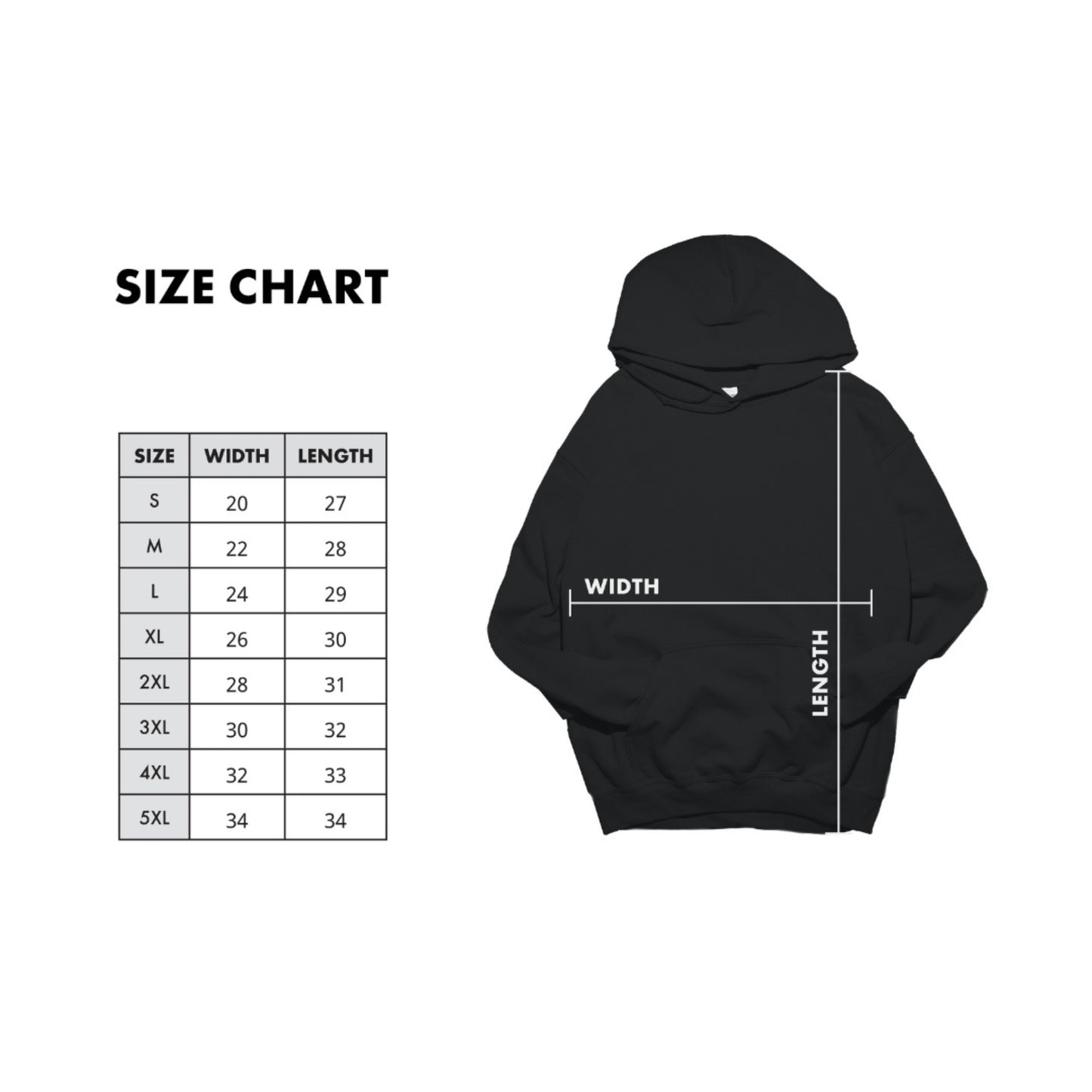 Black hoodie with size chart on a white background