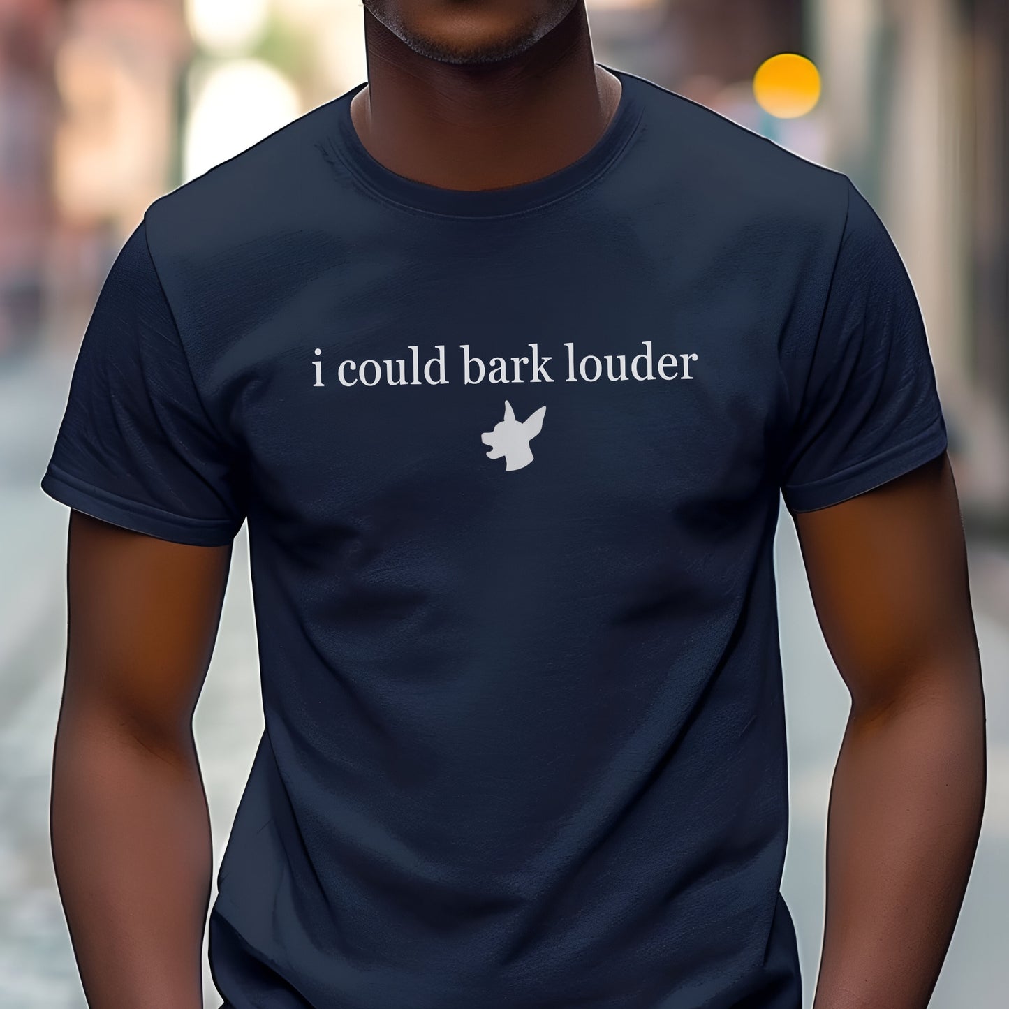 Man wearing a navy blue "i could bark louder" Miniature Pinscher unisex
t-shirt