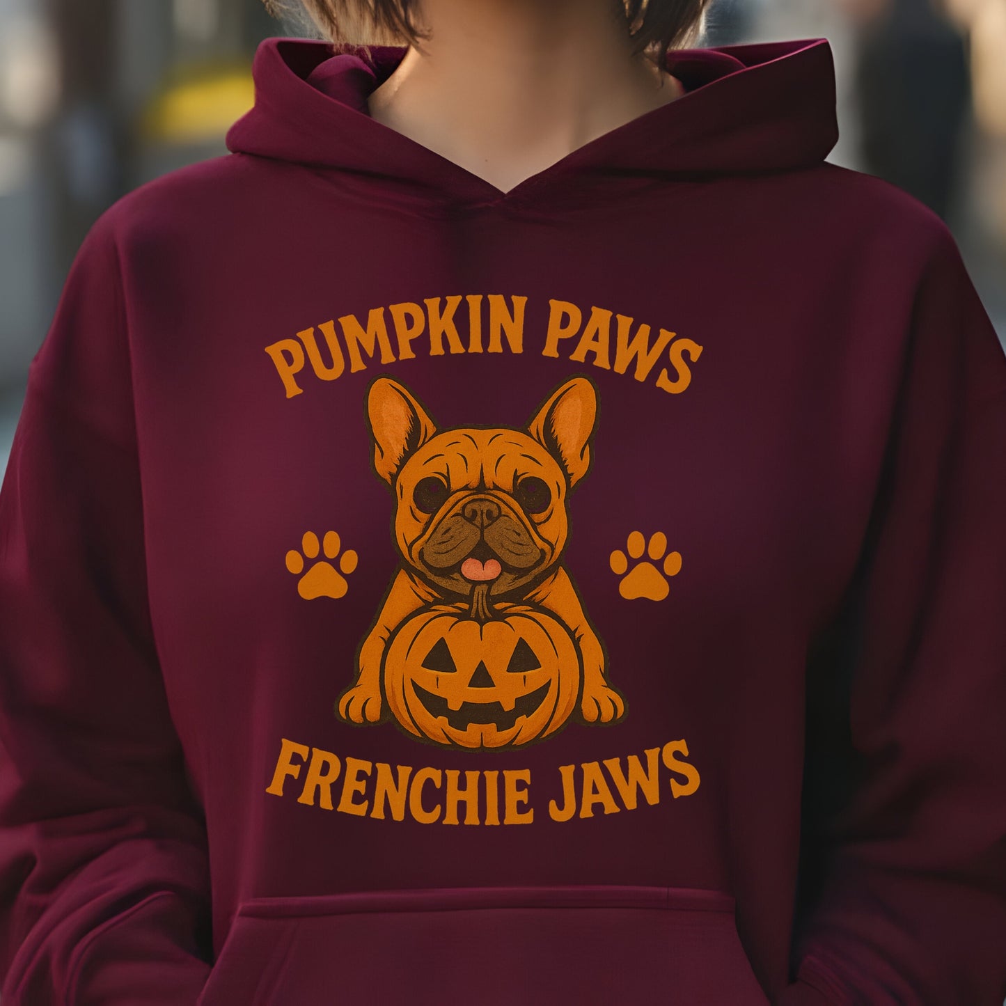 French Bulldog with pumpkin, Halloween-themed, cartoon style, playful and festive