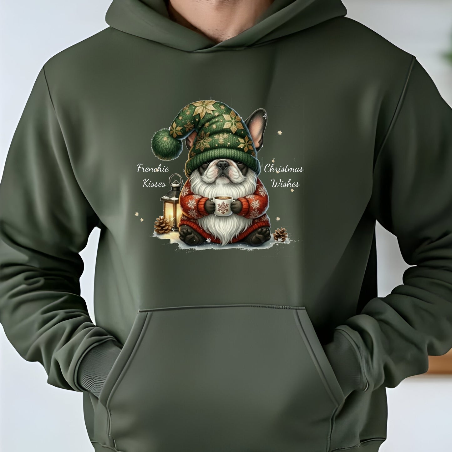 Military Green hoodie with adorable French Bulldog dressed as a Christmas gnome, holding a lantern in festive holiday attire
