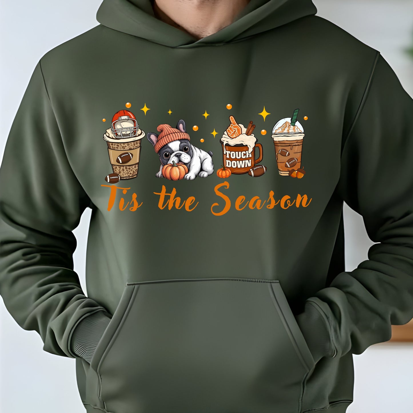 Military Green hoodie with cute French Bulldog, pumpkin, football mug, autumn drinks and “Tis the Season” text