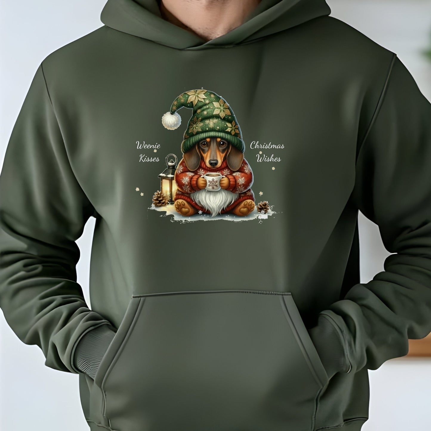 Green hoodie with a Christmas-themed design featuring a dog in a gnome hat and scarf.