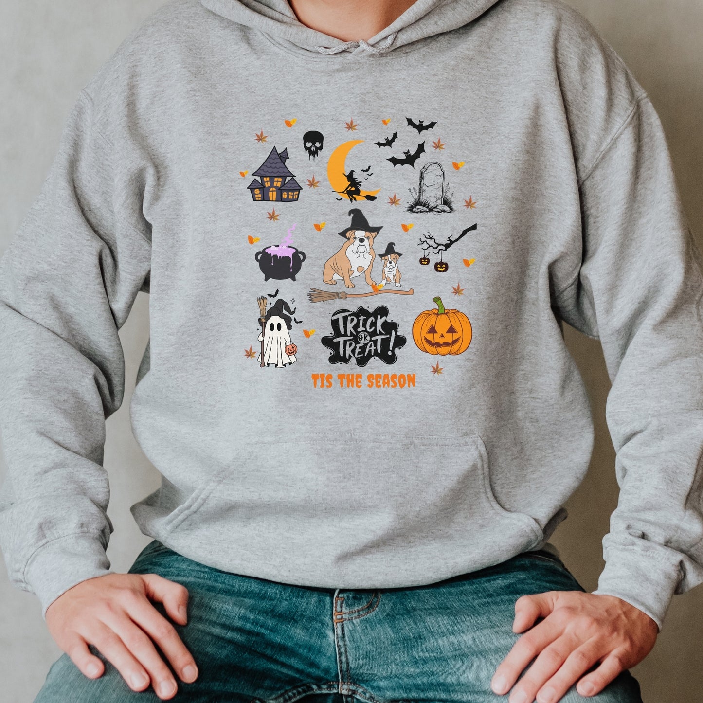 Grey hoodie with Halloween themed dog and spooky icons, “Trick or Treat ‘Tis the Season” text, festive autumn design