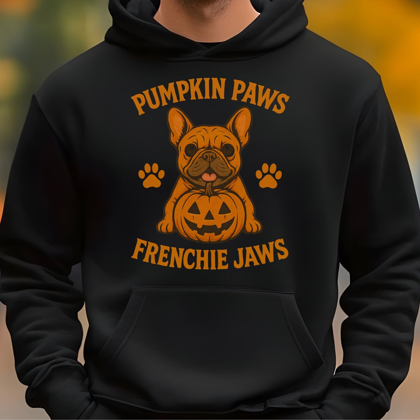 French Bulldog with pumpkin, Halloween-themed, cartoon style, playful and festive