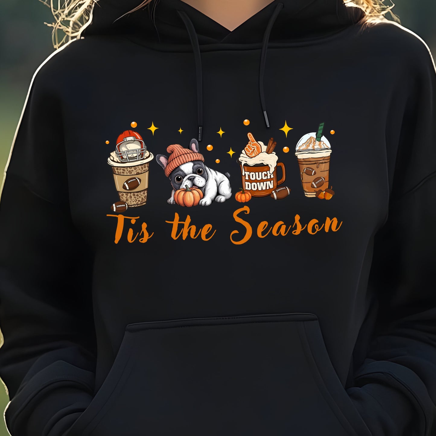 Black hoodie with cute French Bulldog, pumpkin, football mug, autumn drinks and “Tis the Season” text