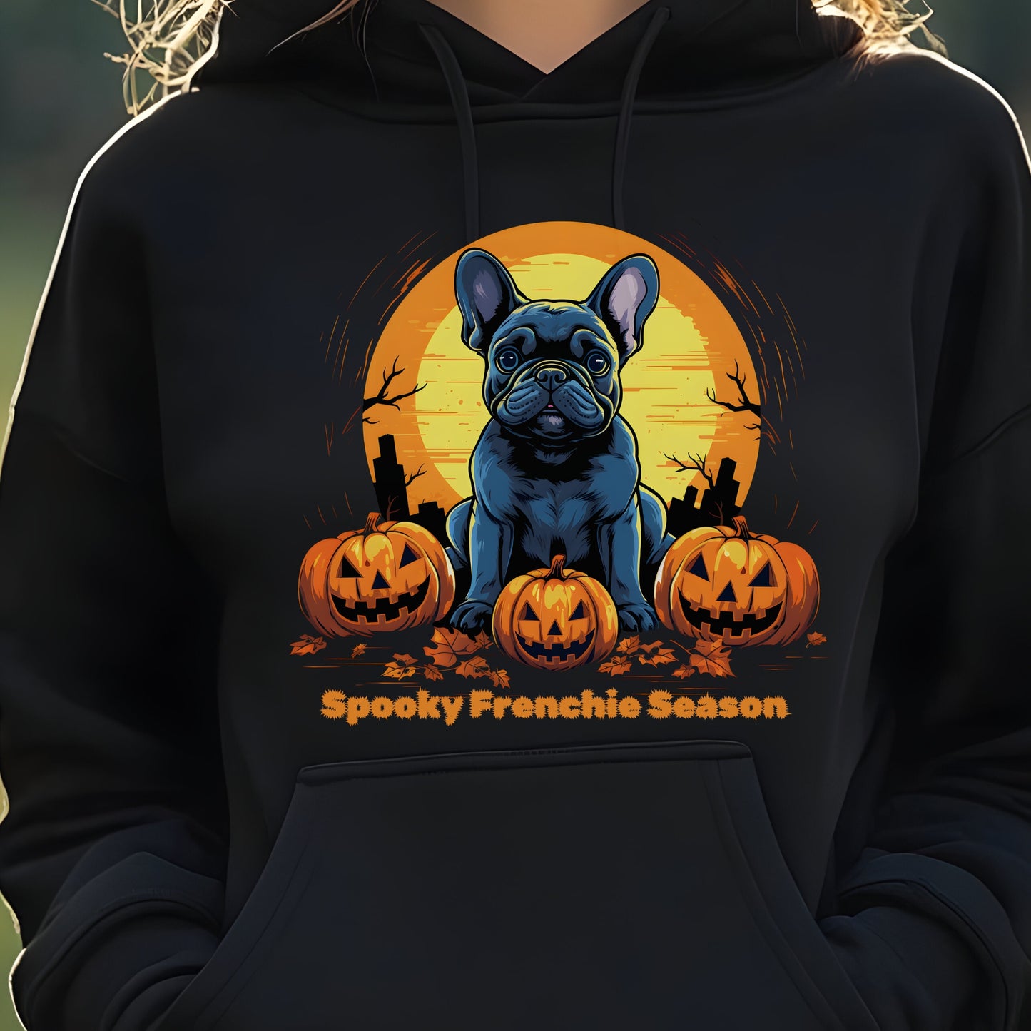Black Halloween hoodie with French Bulldog, pumpkins, and graveyard, with "Spooky Frenchie Season" text