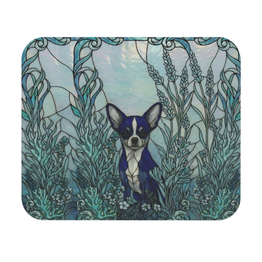 A square mouse pad with rounded corners featuring a stained-glass style illustration of a Boston Terrier surrounded by blue and teal botanical motifs, shown on a plain white background.