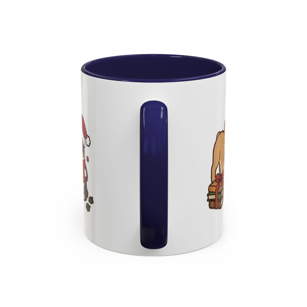 White ceramic mug with a navy interior and navy handle, back view with partial French Bulldog illustrations on either side of the handle.