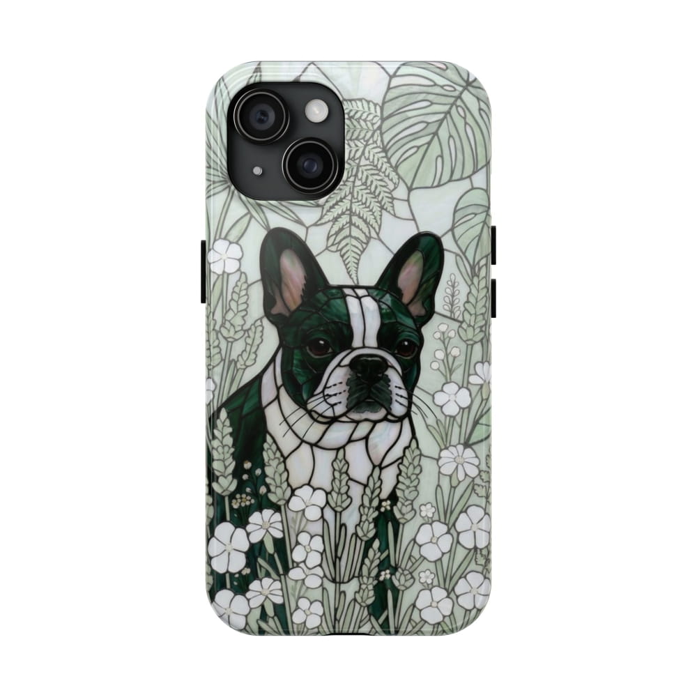 Phone case with a dog illustration on a floral background