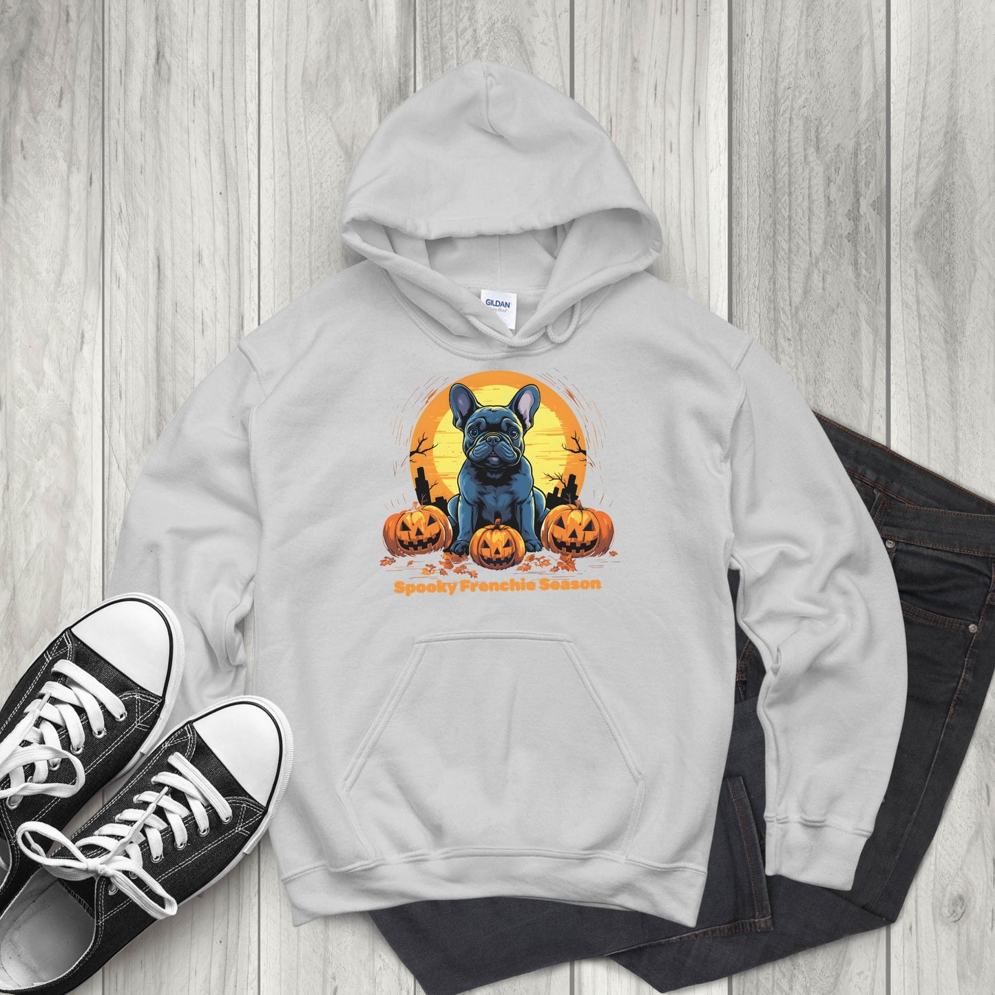 Grey Flat lay Halloween hoodie with French Bulldog, pumpkins, and graveyard, with "Spooky Frenchie Season" text