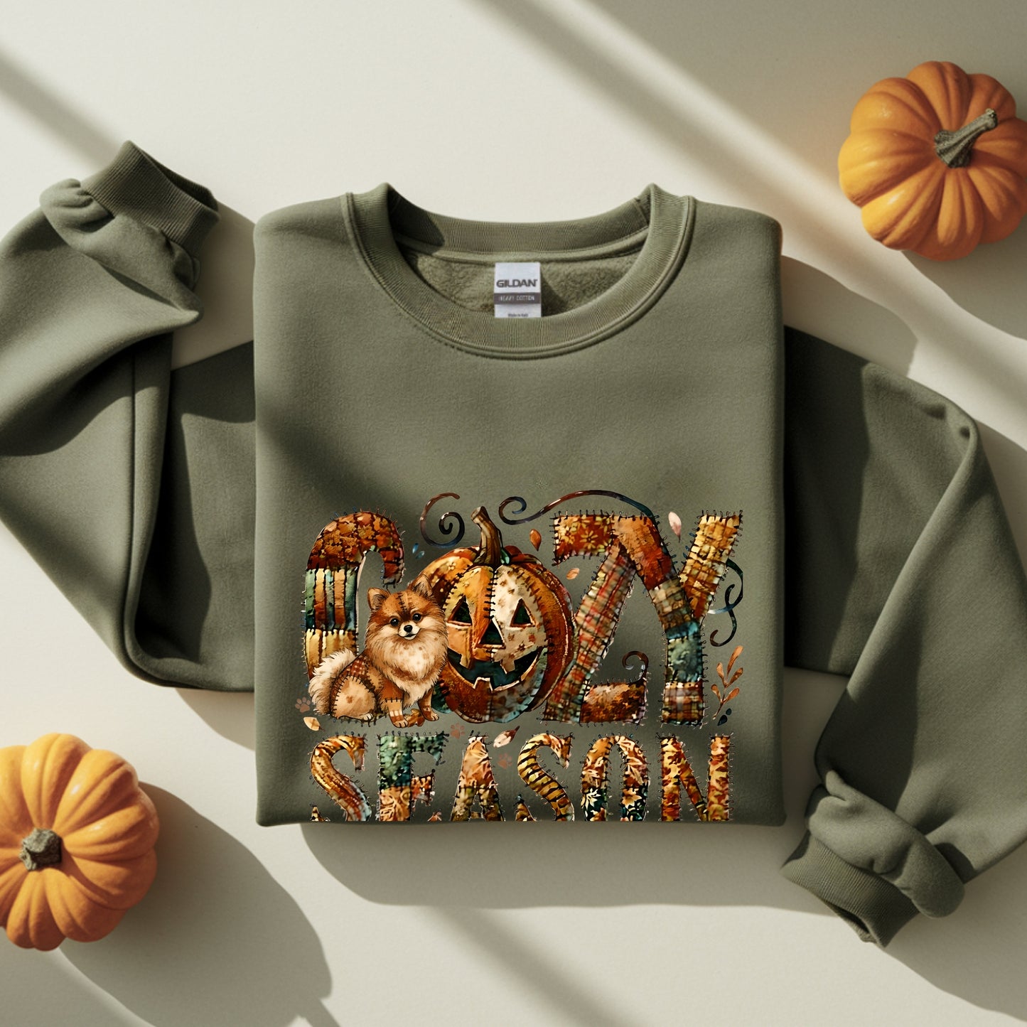 Cozy Season Pomeranian Premium Sweatshirt – Autumn Halloween Patchwork Edition