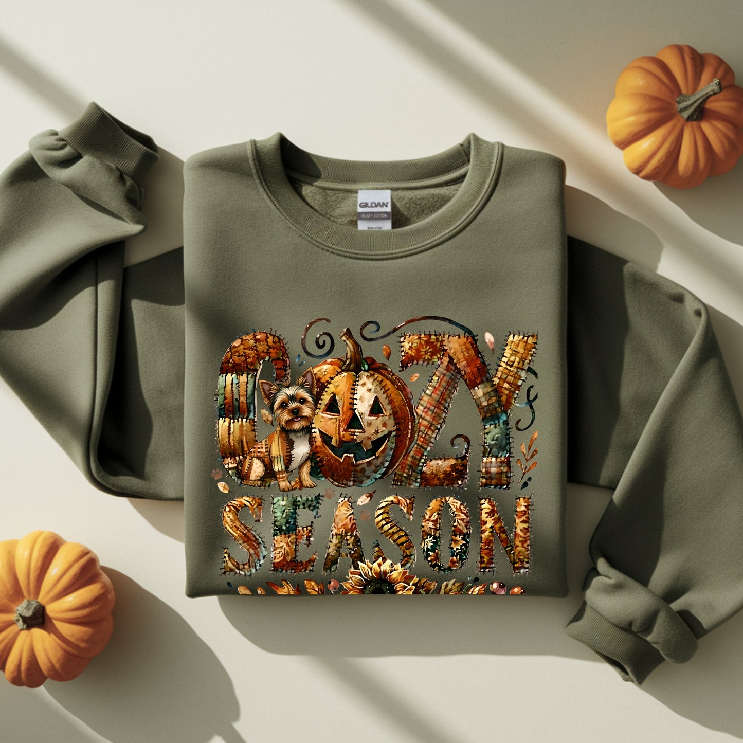 Cozy Season Yorkie Premium Sweatshirt – Autumn Halloween Patchwork Edition