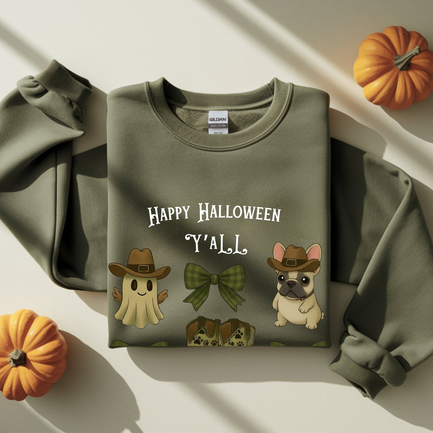 Frenchie’s Happy Halloween Y’all – Western Ghost & Cowboy Boots Unisex Premium Sweatshirt
