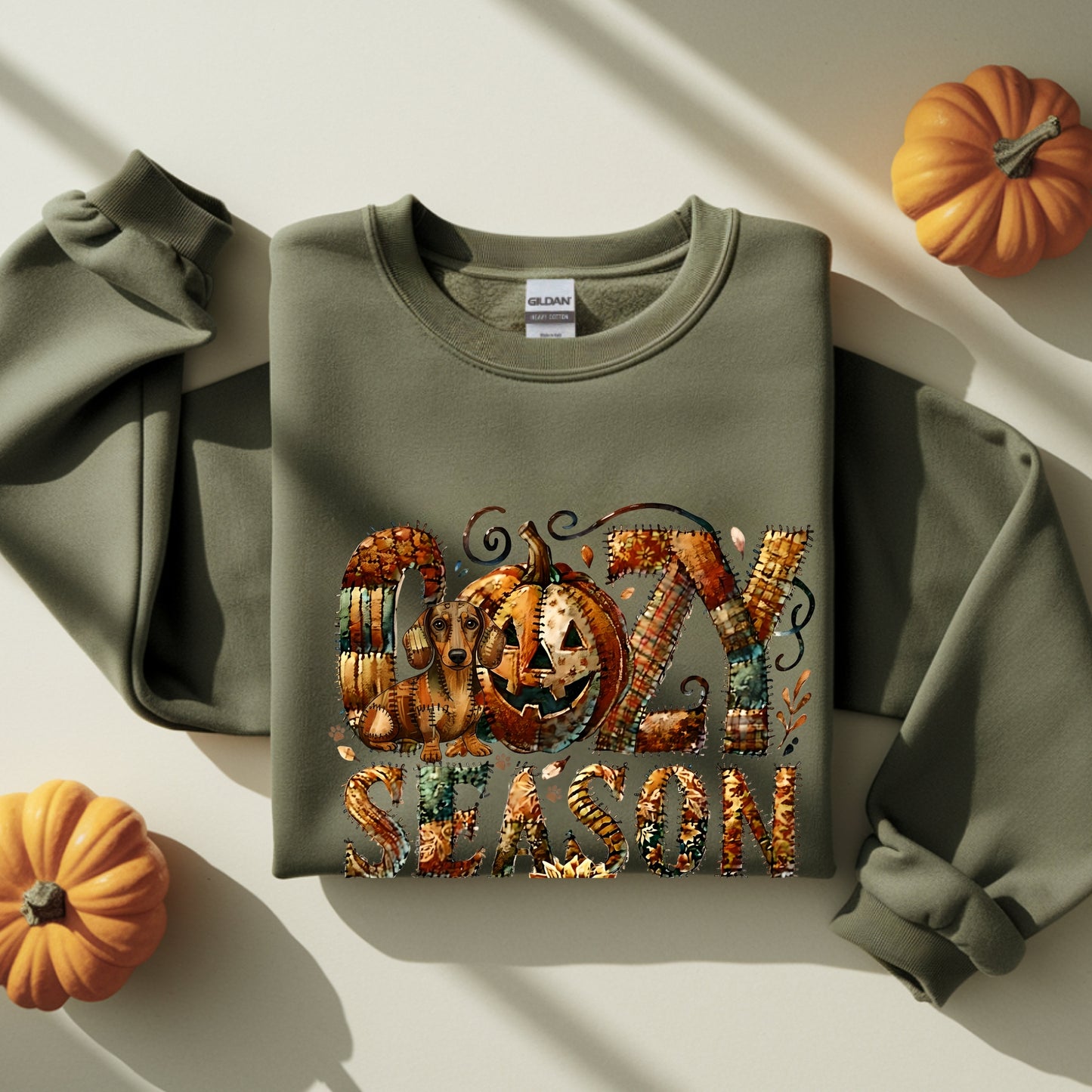 Cozy Season Dachshound Premium Sweatshirt – Autumn Halloween Patchwork Edition
