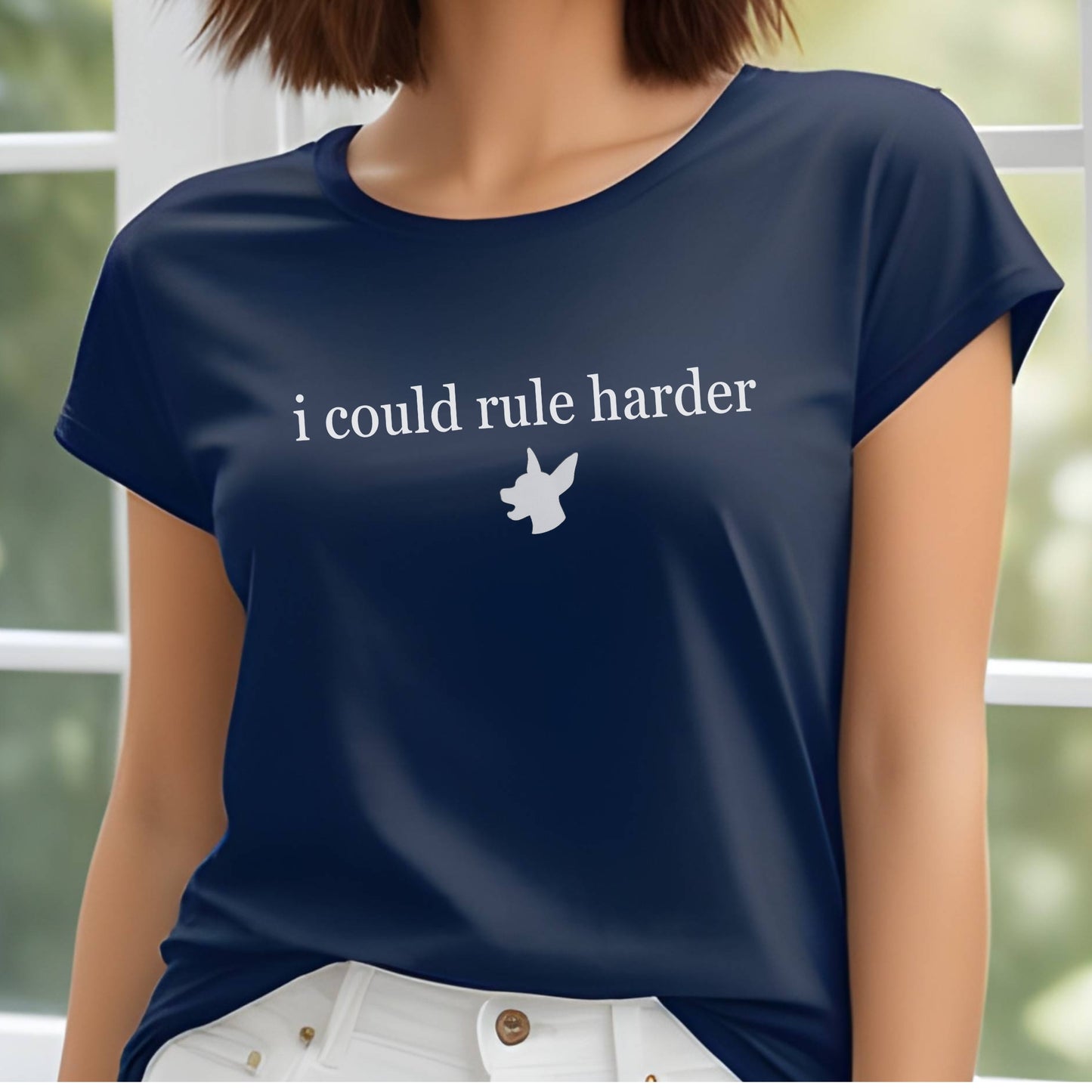 Woman wearing a navy "i could rule harder" Miniature Pinscher unisex t-shirt.