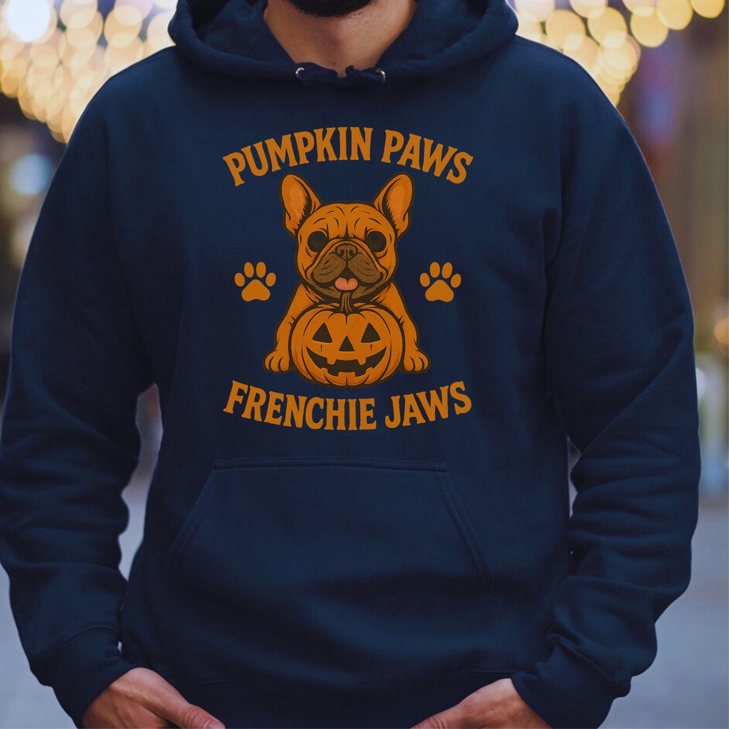 French Bulldog with pumpkin, Halloween-themed, cartoon style, playful and festive
