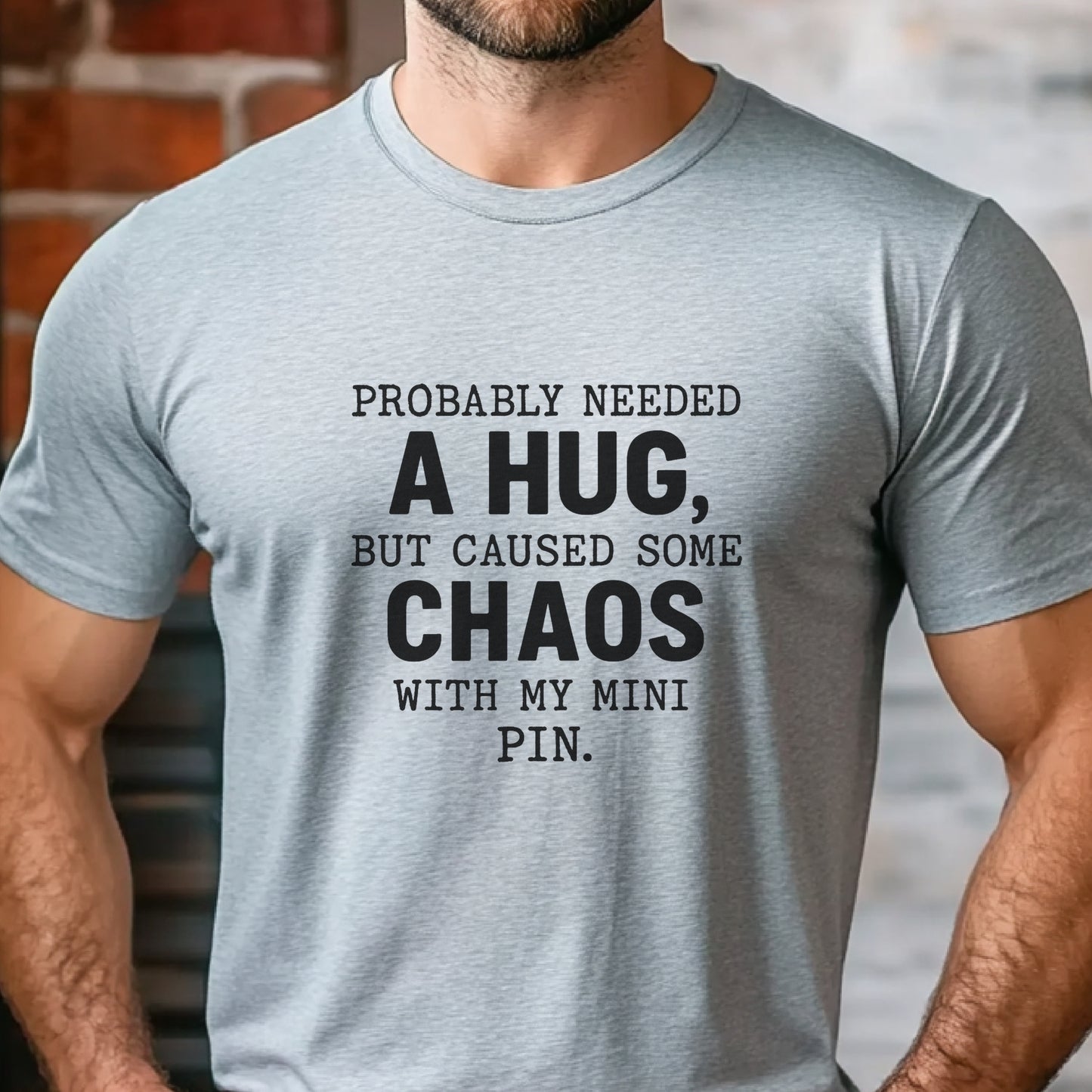 Grey unisex t-shirt with white text: "Probably needed a hug, but caused some chaos with my Mini Pin." centered on the chest
