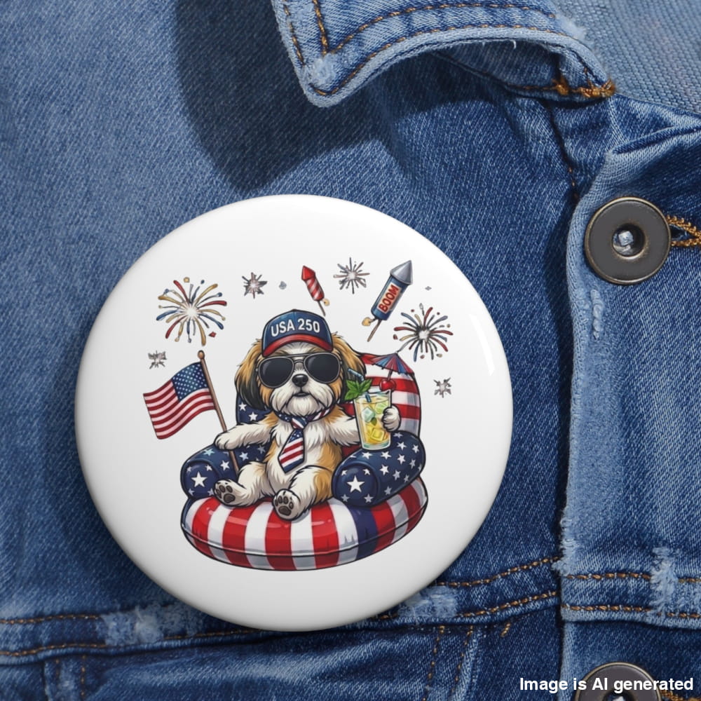 Button with a dog wearing sunglasses and an 'USA 250' hat on a denim jacket.